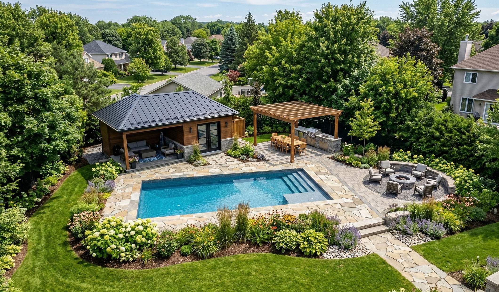 Piscine, pergola & foyer