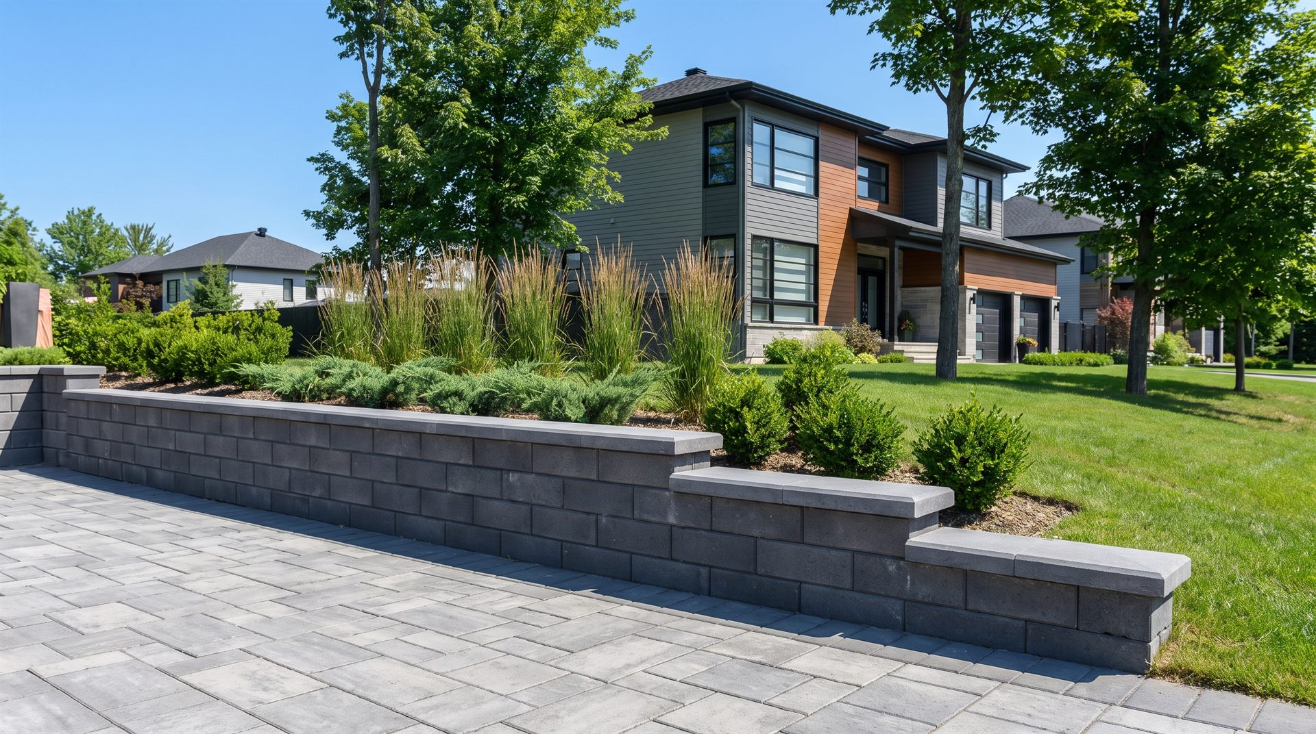 Mur de soutènement en blocs architecturaux à Gatineau avec terrasse en pavé-uni