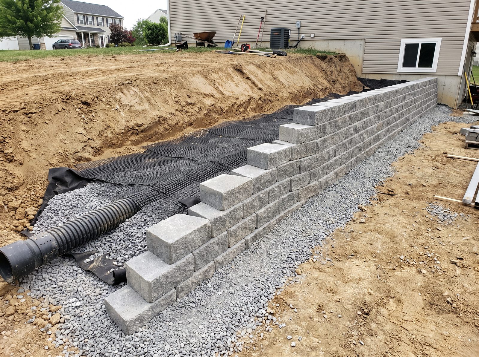 Construction d'un mur de soutènement avec drainage et base à Gatineau
