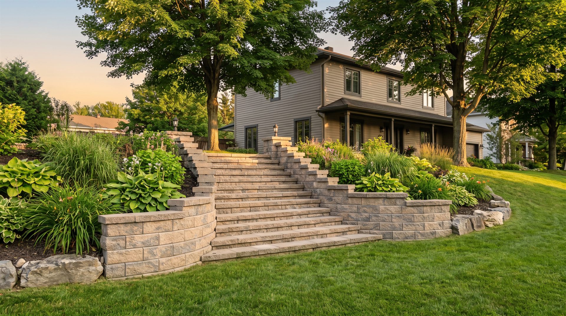 Muret de soutènement à paliers avec escalier de jardin à Aylmer